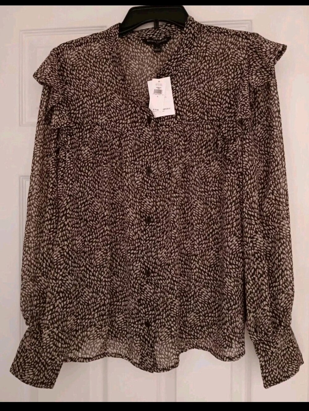 *Banana Republic* Womens Blouse Sz Large Brown Spotted Ruffles Sheer Long Sleeve